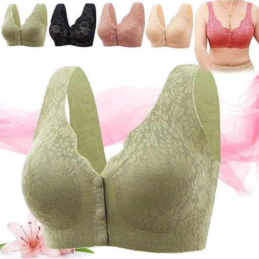 Soft Cup Lace Button Bra – Wireless Front Closure Tank for Elderly Women, Free Size